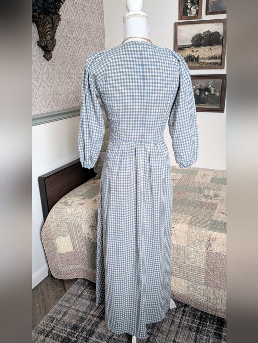Concept Blue Gingham Prairie Maxi Dress Cottagecore Smocked XS NWT - Picture 3 of 7